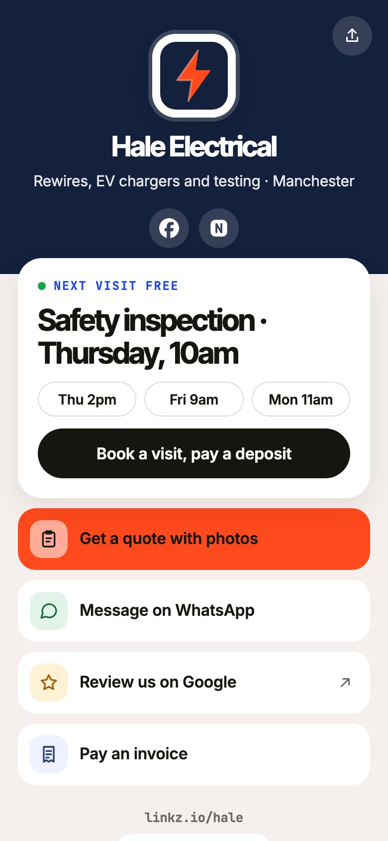 Hale Electrical’s page: an orange and navy lightning-bolt logo, the next free safety inspection on Thursday at 10am, and buttons to book a visit and pay a deposit, get a quote with photos, message on WhatsApp, pay an invoice and leave a Google review.