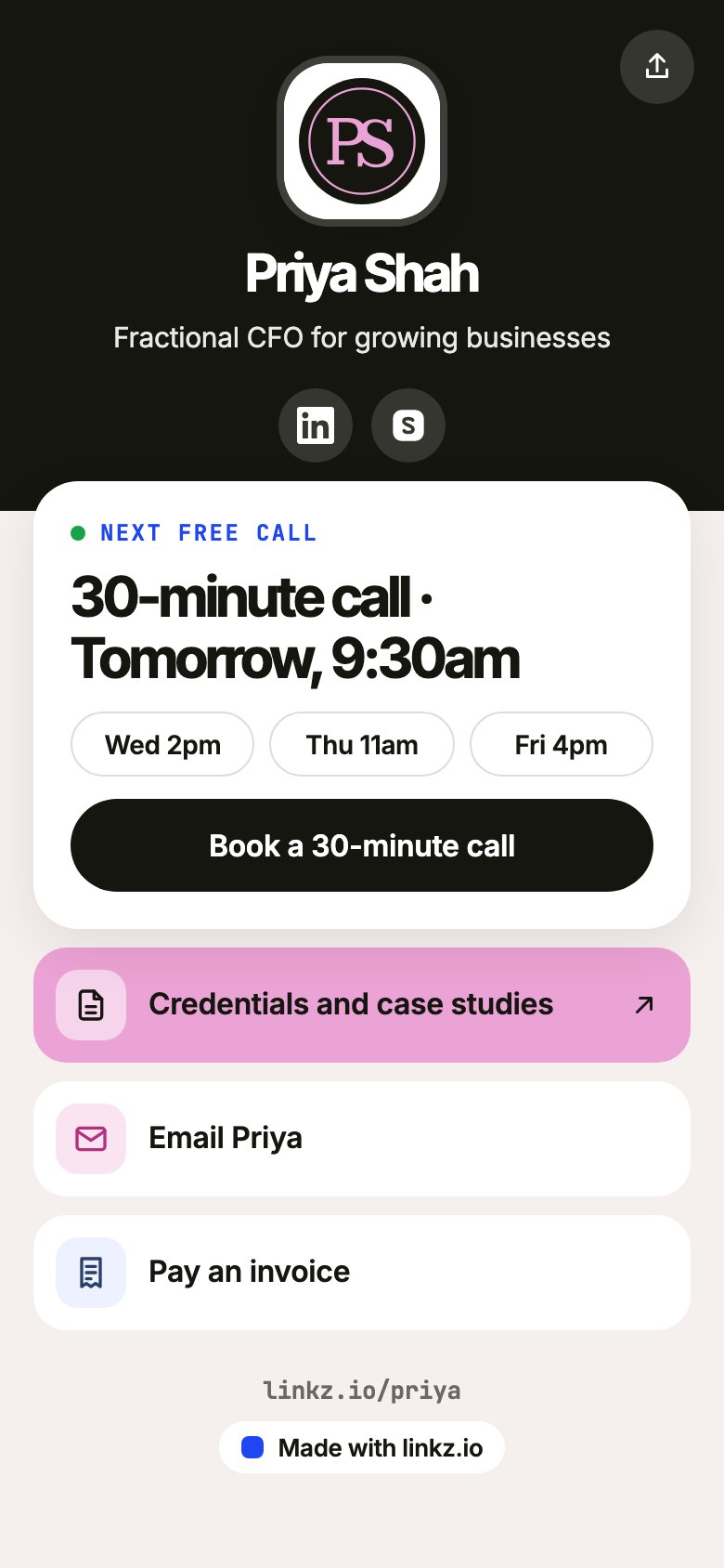 Priya Shah’s page in ink and pink: a serif PS monogram, the next free 30-minute call tomorrow at 9:30am, and buttons to book a 30-minute call, read her credentials and case studies, email her and pay an invoice.