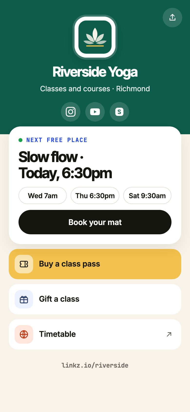 Riverside Yoga’s page in forest green: a lotus logo, a place free in tonight’s 6:30pm Slow flow class, and buttons to book your mat, buy a class pass and gift a class, and see the timetable.