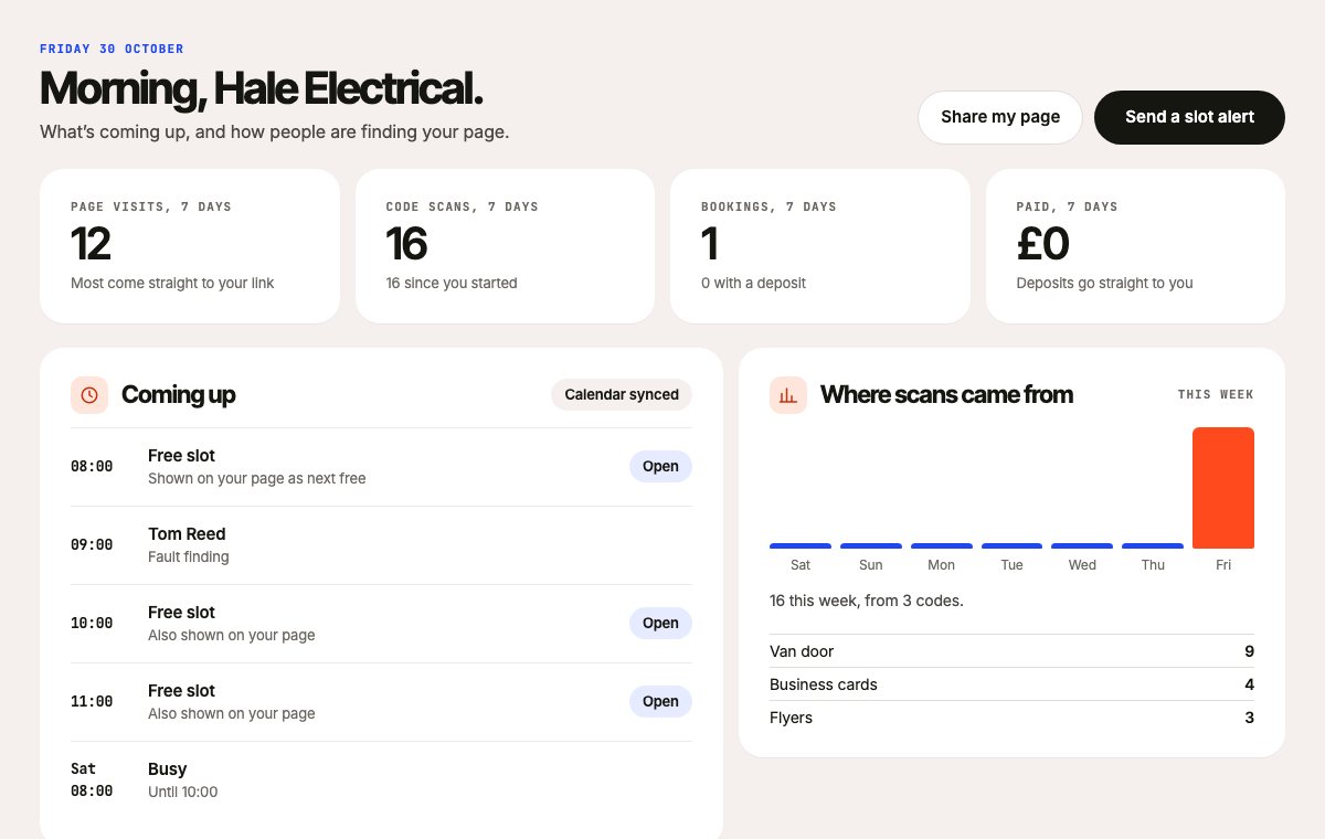 The Today screen for Hale Electrical: a booking coming up, the free slots shown on the page, and this week’s visits and scans.