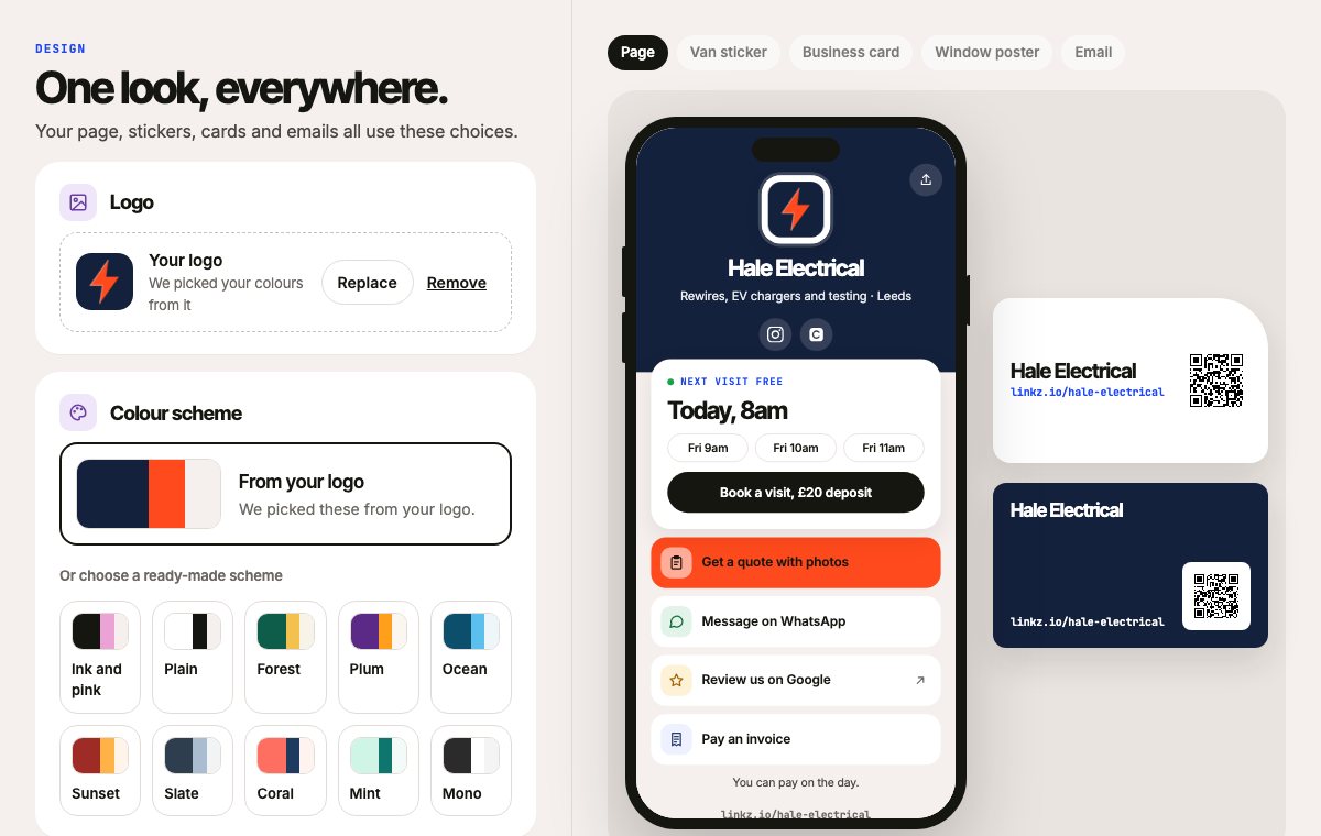 The Design screen with the colors picked from the logo, and the live preview of the page on a phone.