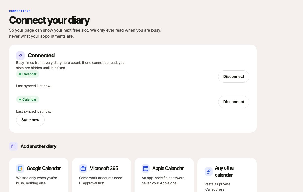The Connections screen with two diaries connected and synced just now, and Google Calendar, Microsoft 365, Apple Calendar or any other calendar ready to add.