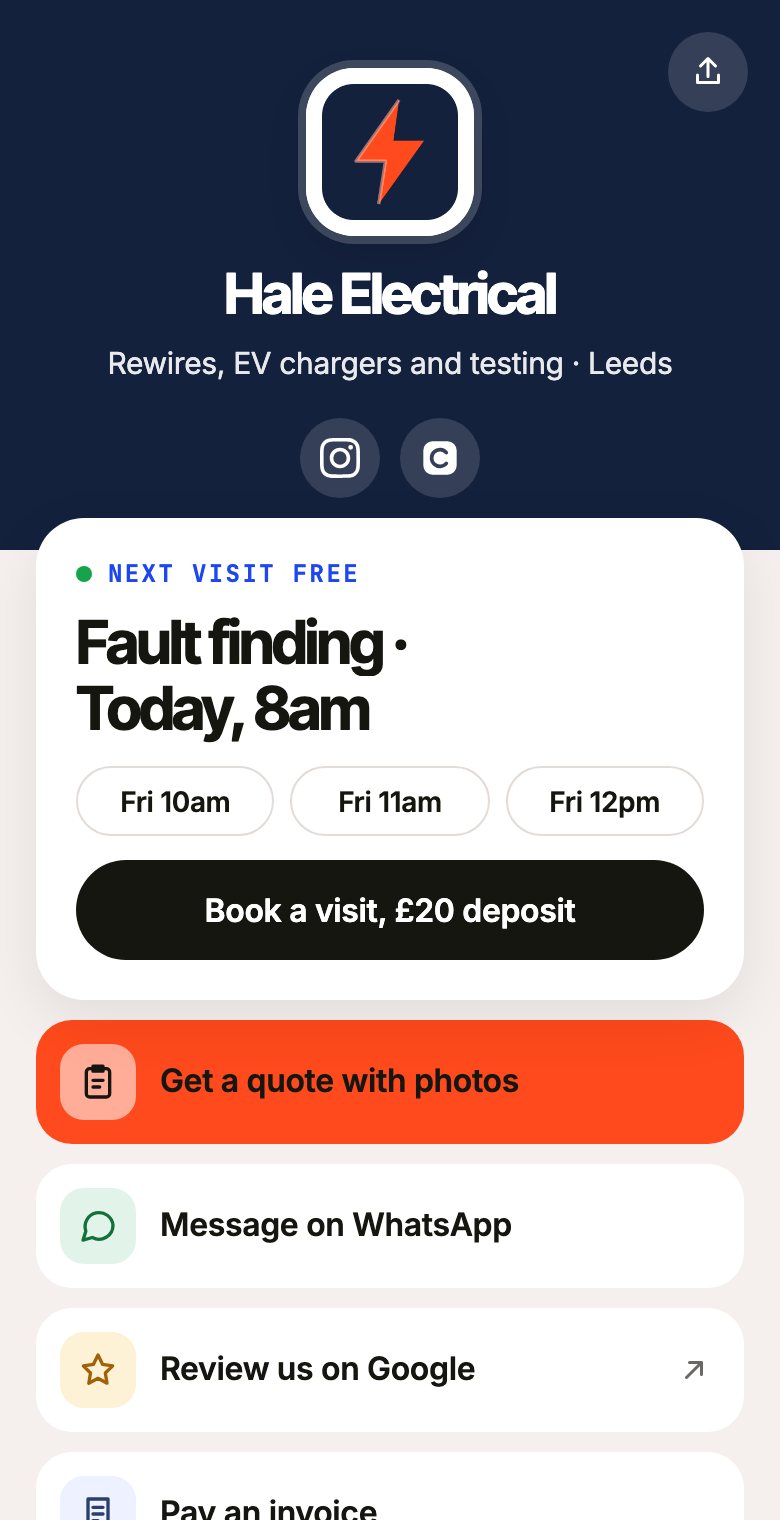 Hale Electrical’s page on a phone: the logo, the next free slot and buttons to book, call and message on WhatsApp.