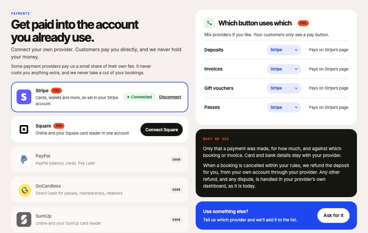 The Payments screen with Stripe connected, and pay on the day switched on.