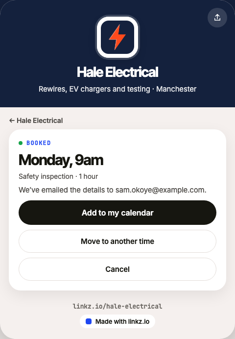 A customer’s booking page with Add to my calendar, Move to another time and Cancel