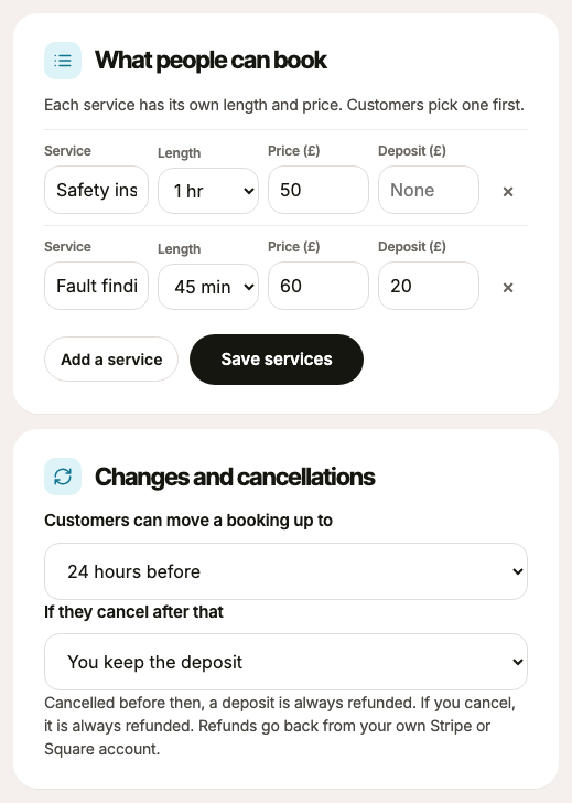 A service with a deposit amount, and the Changes and cancellations choices below it