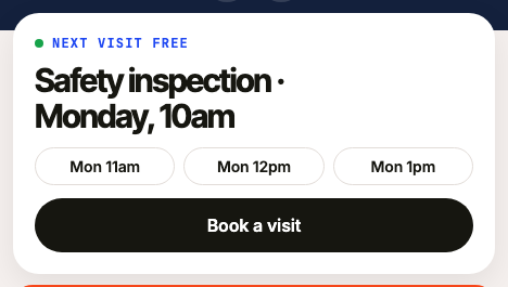 A business page showing the next free visit, with the service name and the time
