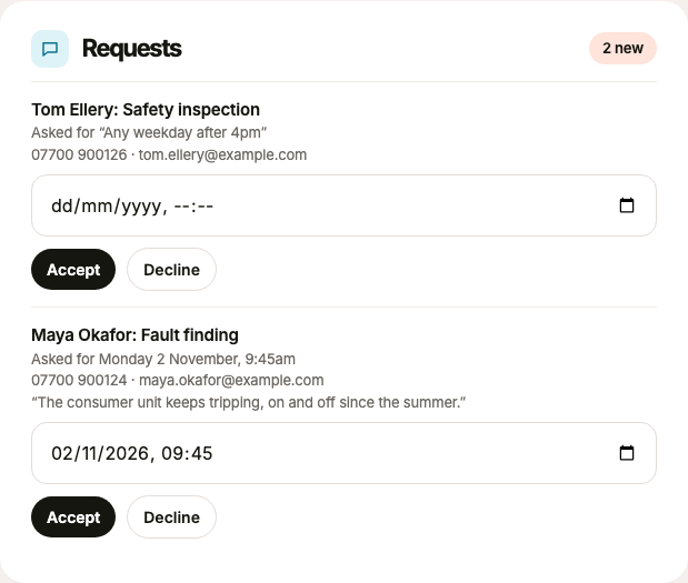 Two booking requests in Bookings, each with a time to check and the Accept and Decline buttons