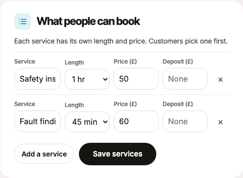The Bookings screen with two services filled in, each with its length and price
