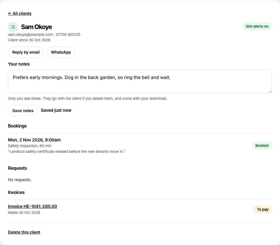 One client opened, with Slot alerts on, notes, a booking and an invoice