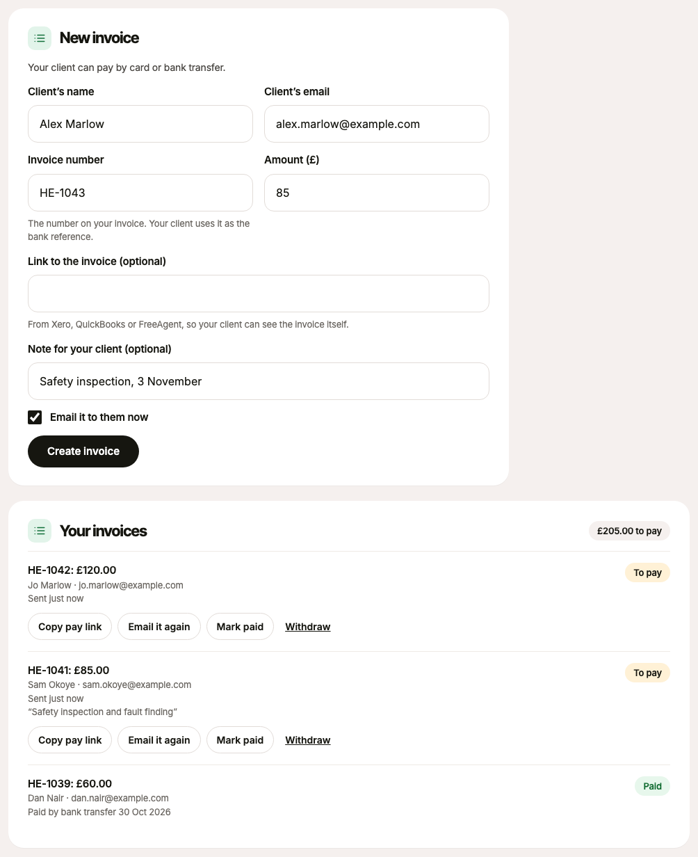The New invoice form filled in, above the Your invoices list