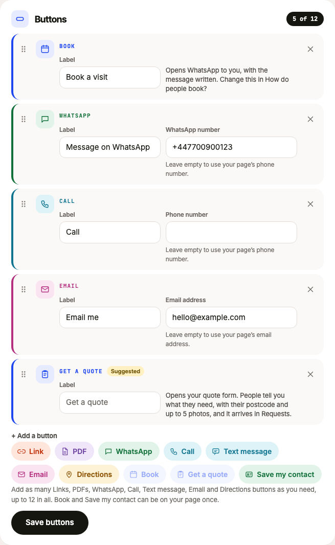 The Add a button choices on the Page screen, with Get a quote added to the list of buttons