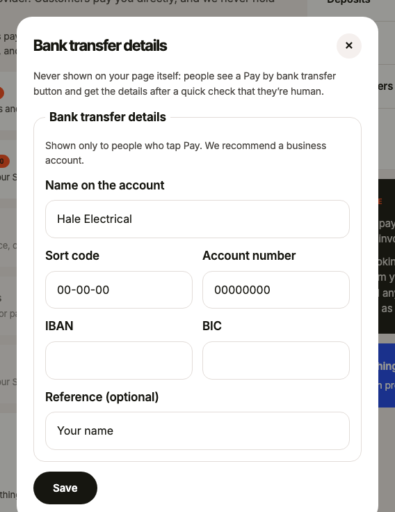 In Payments, the Bank transfer details sheet, with the name, sort code and account number added