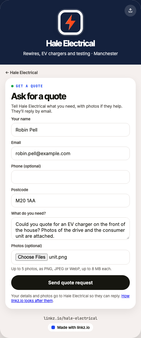 The quote form on a phone, with name, email, postcode, what the customer needs and a photo added
