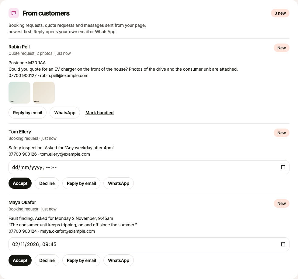 The Requests list, with two booking requests and a quote request that has two photos