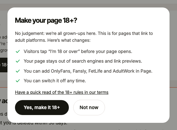 The 18+ question in Settings, listing what changes
