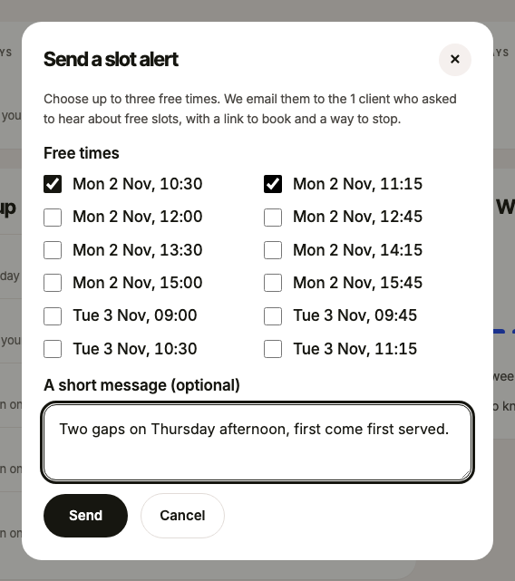 The Send a slot alert sheet, with two free times ticked and a short message