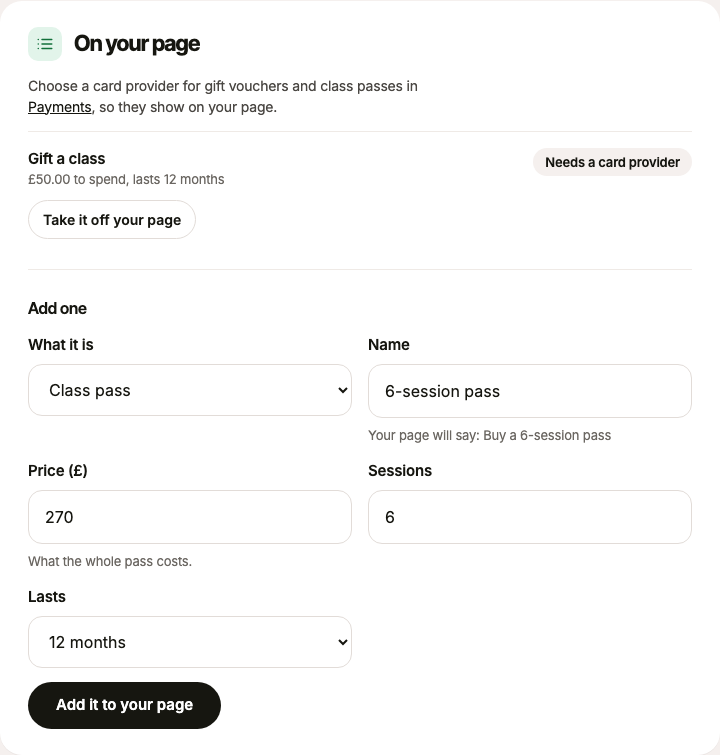 One voucher on the page, and the Add one form filled in for a class pass
